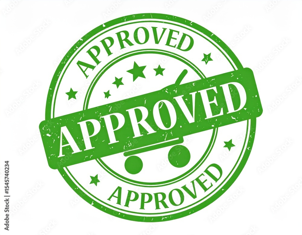 Green Approved Stamp with Shopping Cart Icon on White Background Green Approved Stamp with Shopping Cart Icon on White Background