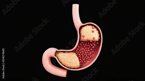 3D medical visualization of human stomach cross-section showing food contents and red medication particles against black background.