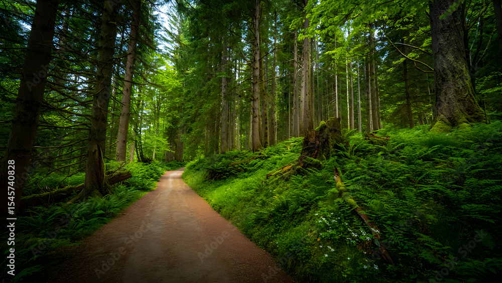 Obraz premium Forest path winding through lush green canopy