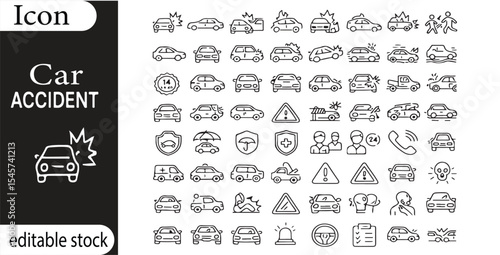 Collection of car accident icons depicting various scenarios and safety measures in a vector format