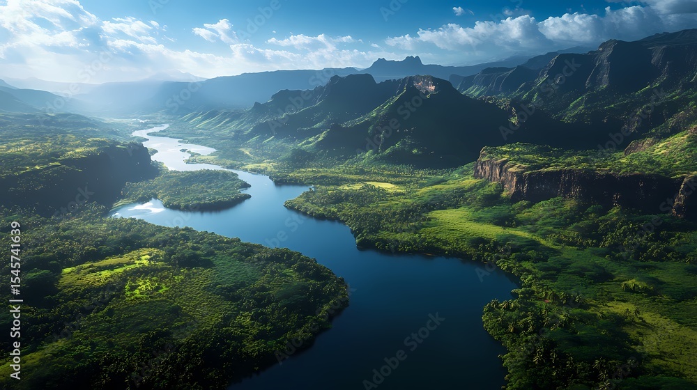 Obraz premium Serene River Valley Lush Landscape Aerial View 