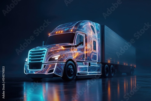 Wallpaper Mural Futuristic semi-truck with glowing energy lines, rendered in a dark setting, reflecting on a wet surface Torontodigital.ca