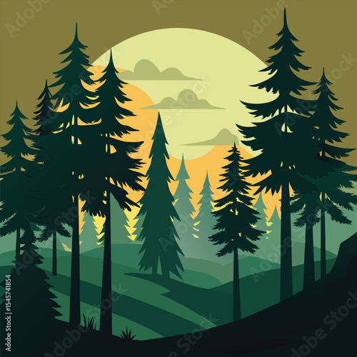 Silhouette of pine trees at sunset in a mountain landscape