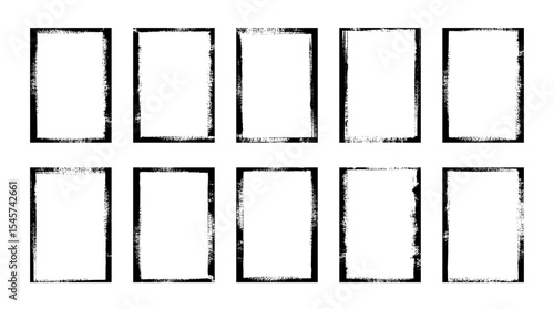 Distressed edge brush painted frames. Vector black hand-drawn grungy frame backgrounds. Poster template set. Old picture overlay collection. Brush stroke painted borders. Grunge punk collage bg