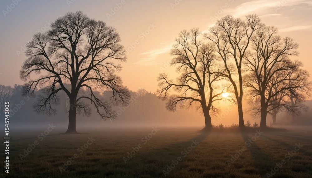 Naklejka premium Silhouetted trees at sunrise in a misty field.
