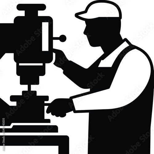 A silhouette of a worker operating a drill press with a cap and overalls in black and white style