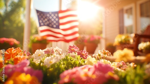 Sunny porch, flowers, flag, home, patriotic, spring, summer, garden, USA,  celebration