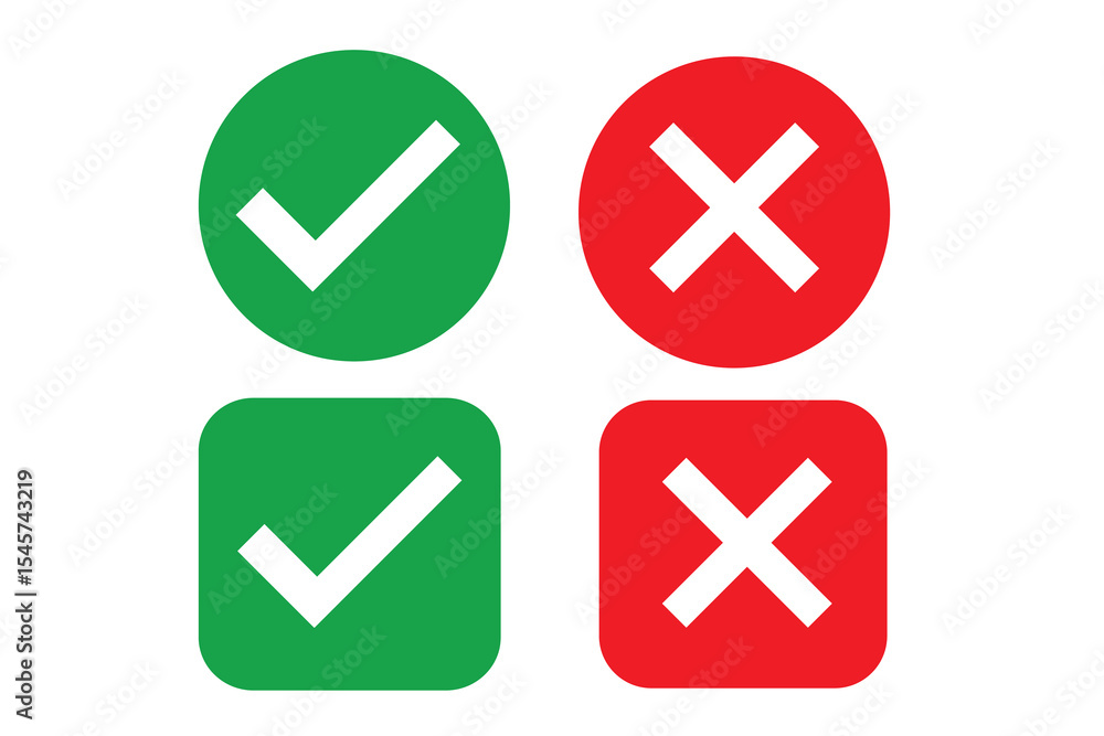 check mark icon button set. check box icon with right and wrong buttons and yes or no checkmark icons in green tick box and red cross check mark icon button set. check box icon with right and wrong buttons and yes or no checkmark icons in green tick box and red cross