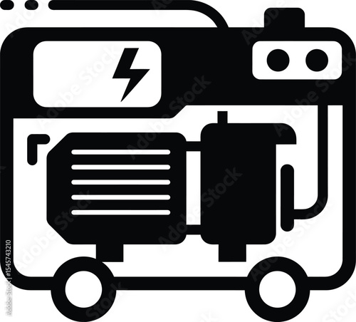 A black and white icon illustration of a portable generator with wheels and electrical symbol design silhouette