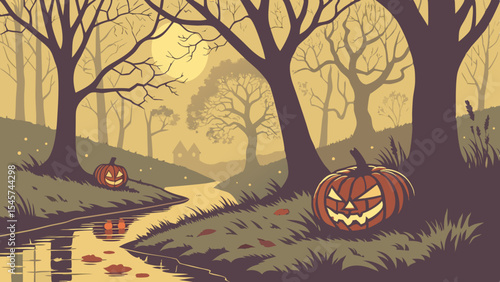 Spooky halloween jack olanterns by creek in autumn woods