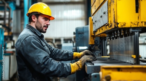Skilled Heavy Machinery Operator Operating Hydraulic Press Machine in Close-up Detail on White Background