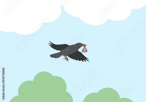 A crow is flying away after stealing a coin pouch minimalist vector. 