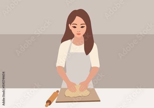 A girl is kneading dough minimalist vector. 