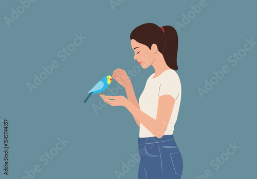 A girl is gently holding and petting her pet bird minimalist vector. 
