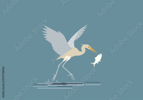 A heron is catching a fish from a pond minimalist vector. 