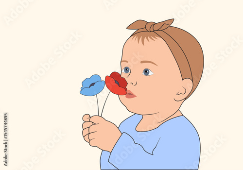 A little girl is smelling a flower minimalist vector. 