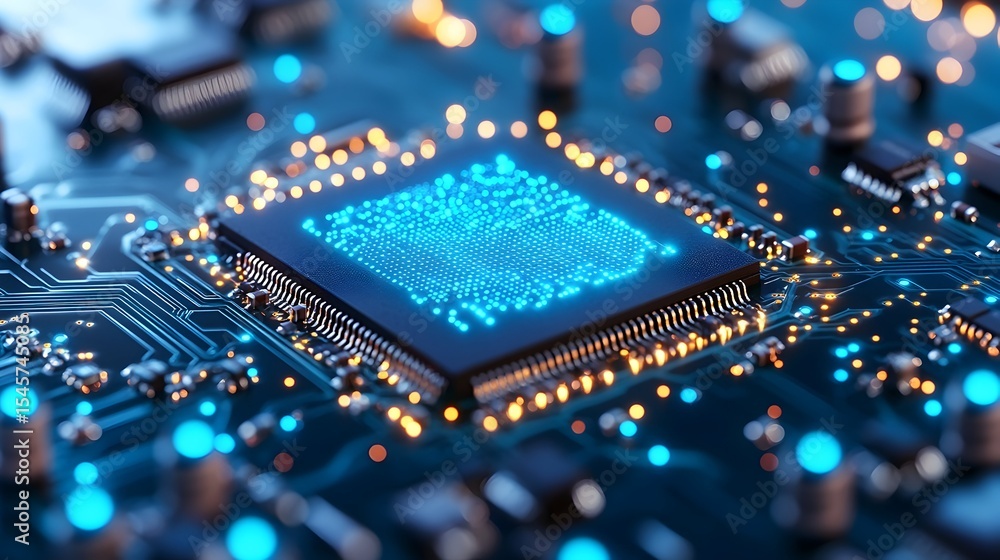 Obraz premium AI processor glowing on circuit board, data processing, tech background, future tech