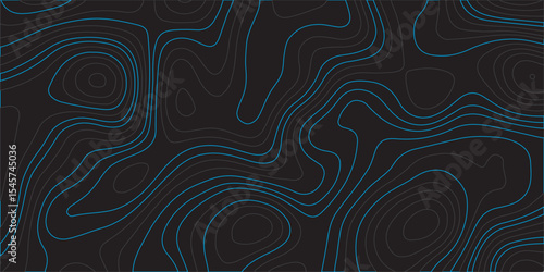 Design a dark abstract background featuring smooth, topographic contour lines in deep blue tones. The lines should flow organically across the black surface, creating a sense of depth and elevation.