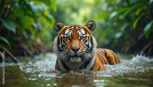 A tiger swimming in a jungle stream.
