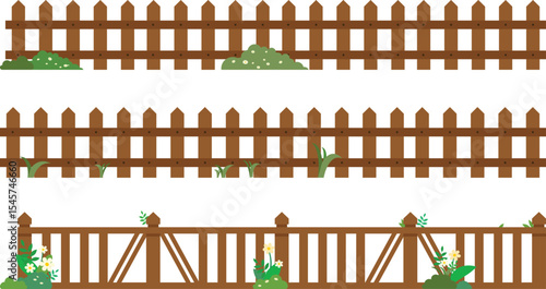 Illustration of various fences with grass and bush
