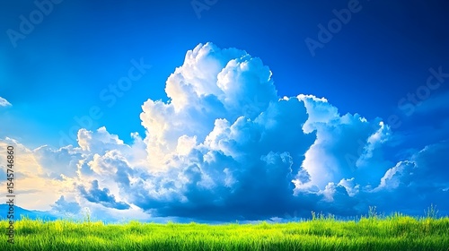 Sunny day, lush green field, cumulus clouds, mountains, peaceful landscape