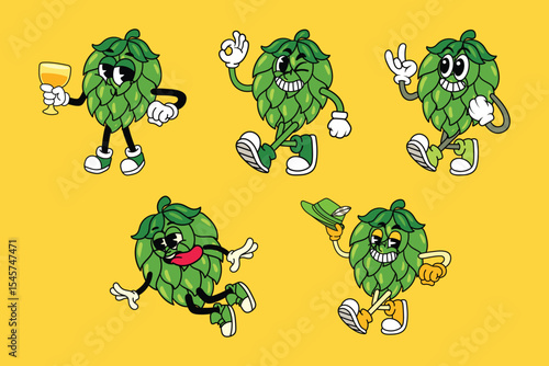Cartoon cute hop Oktoberfest characters with expressive faces and poses in retro mascot style