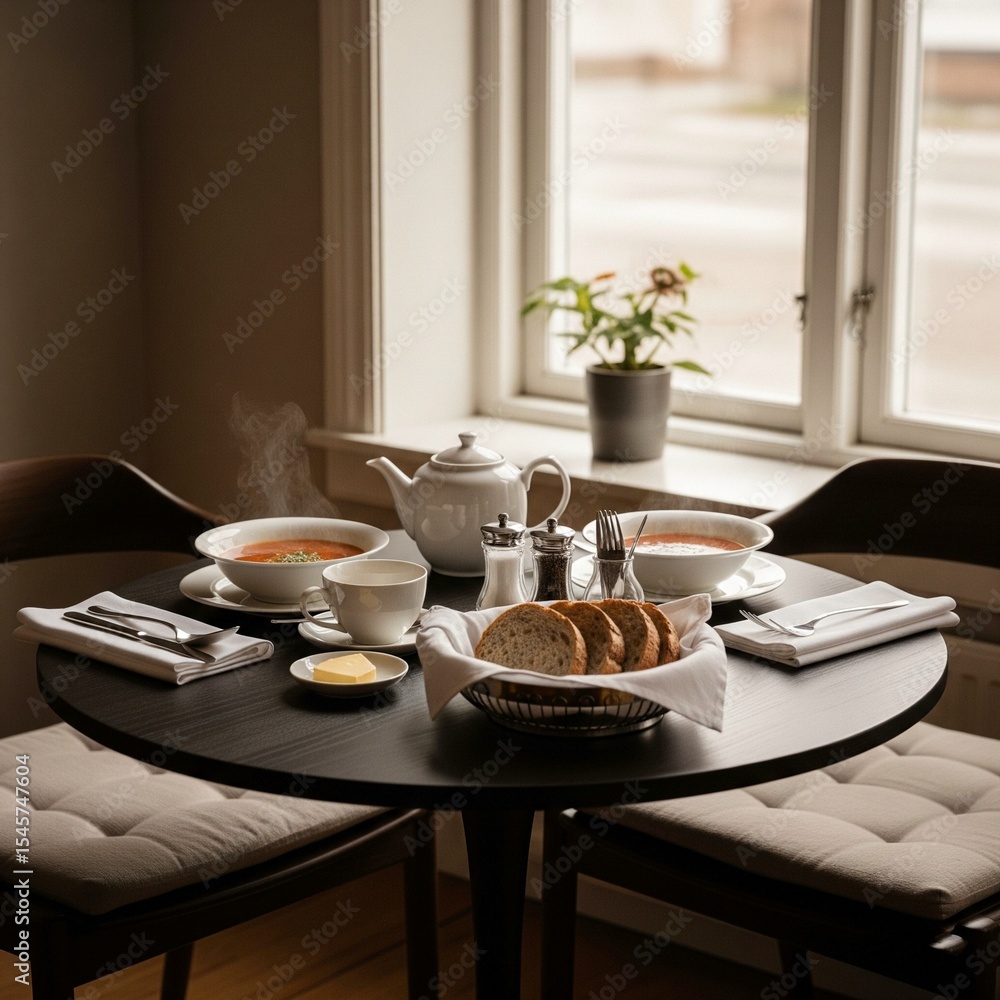 Fototapeta premium Cozy Indoor Lunch Table with Soup, Bread and Window Light (Photorealistic)