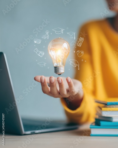 Vibrant Digital Learning Concept with Woman Holding Glowing Lightbulb and Floating Education Icons for Flexible Online Skill Development