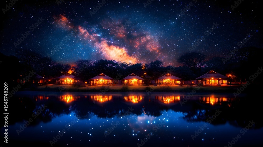 Fototapeta premium Night Sky Safari Lodges Milky Way Reflection