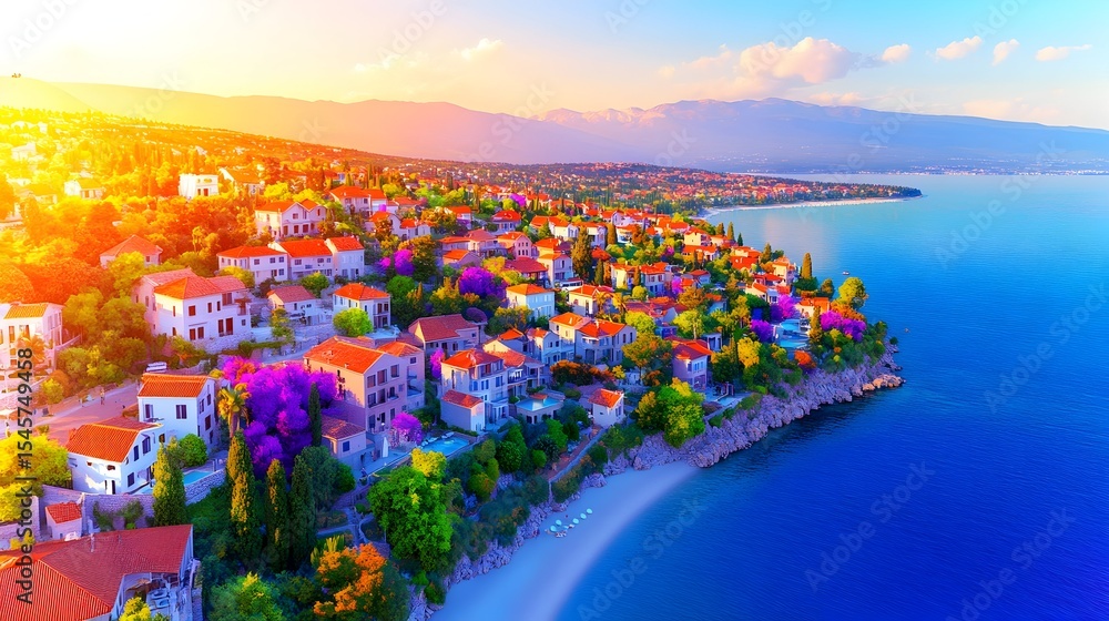 Fototapeta premium Coastal Sunset Town Aerial View, Adriatic Sea