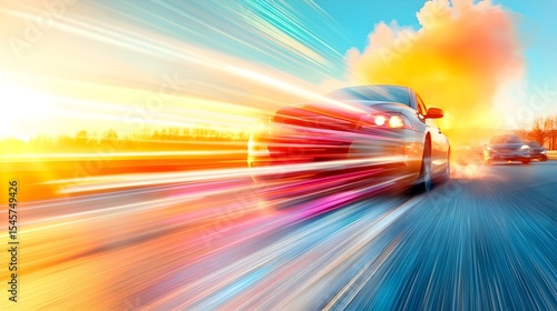 Speeding car sunset highway motion blur advertising