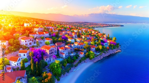 Fototapeta Naklejka Na Ścianę i Meble -  Coastal Sunset Town Aerial View, Adriatic Sea