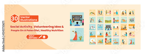 Collection of volunteering, paleo diet, and social activity vector illustrations. Mega set.