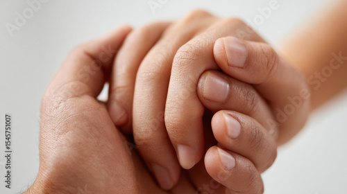 two smooth soft hands gently holding each other, symbolizing support, empathy, and connection, conveying a sense of comfort, love, and mutual care in a moment of need over white table and white backgr