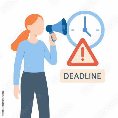 Flat Cartoon Woman with Megaphone Announcing Deadline Reminder Illustration