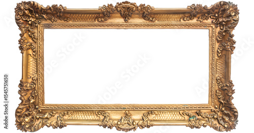 Ornate Gold Baroque-Style Picture Frame; Elegant, Luxurious, Empty.