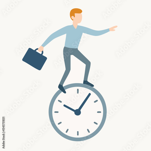 Flat Man Balancing on Time Clock Deadline Task Management Illustration