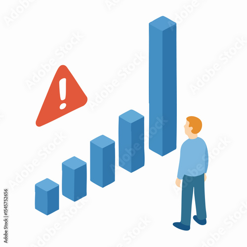 Isometric Man Observing Unfavorable Business Graph with Warning Sign Illustration