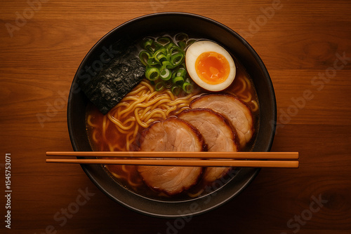 Overhead composition of a traditional Japanese ramen bowl with rich broth, sliced pork, soft-boiled egg, and nori