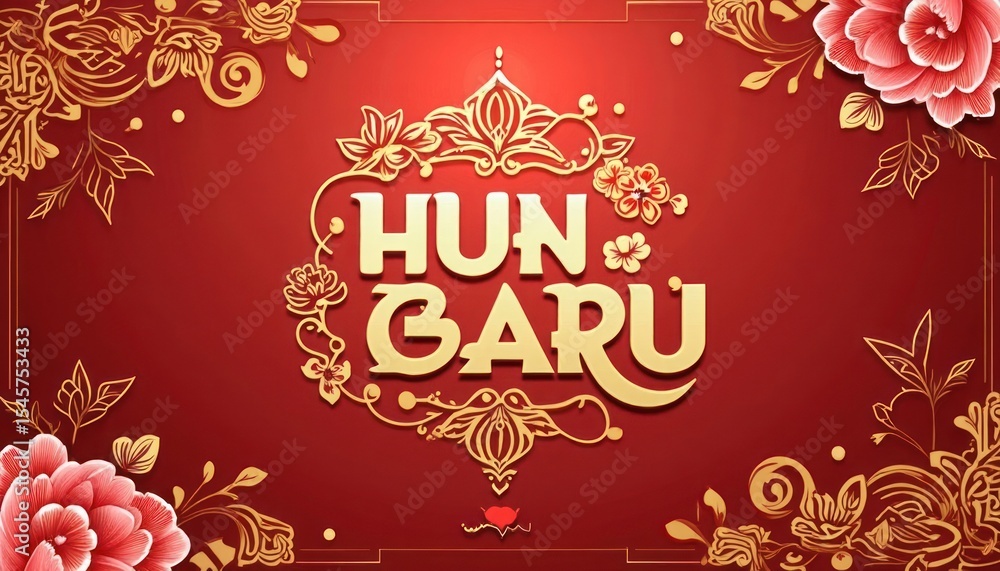 Naklejka premium Gold lettering of Hun Baru on a red background with floral designs.