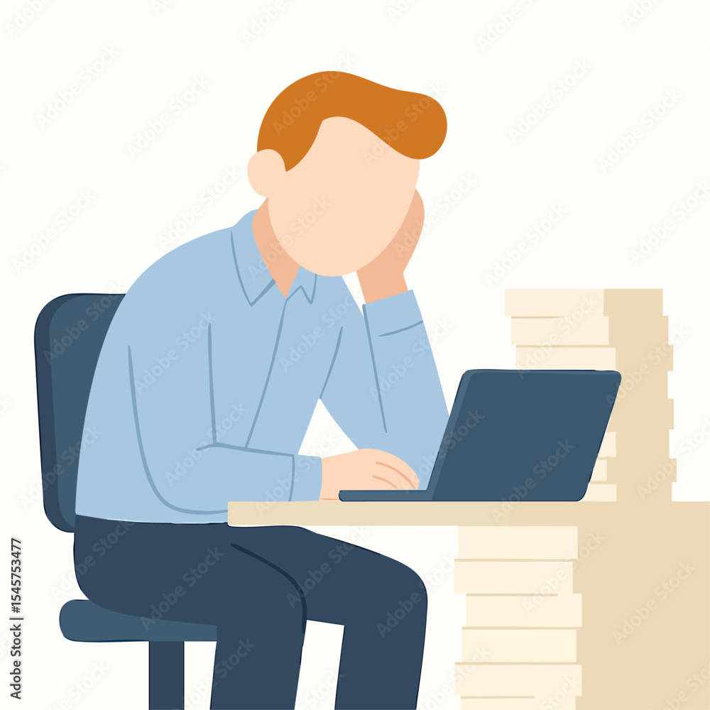 Flat Illustration Sad Man Working Overtime with Laptop and Paper Stack Flat Illustration Sad Man Working Overtime with Laptop and Paper Stack