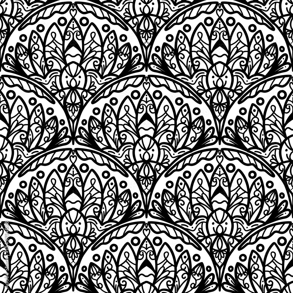 Fototapeta premium 250652 line scribble seamless scallop pattern, motifs floral hand drawn, scribble style, scallop pattern, design for seamless floral pattern, printing, wrapping, background and craft