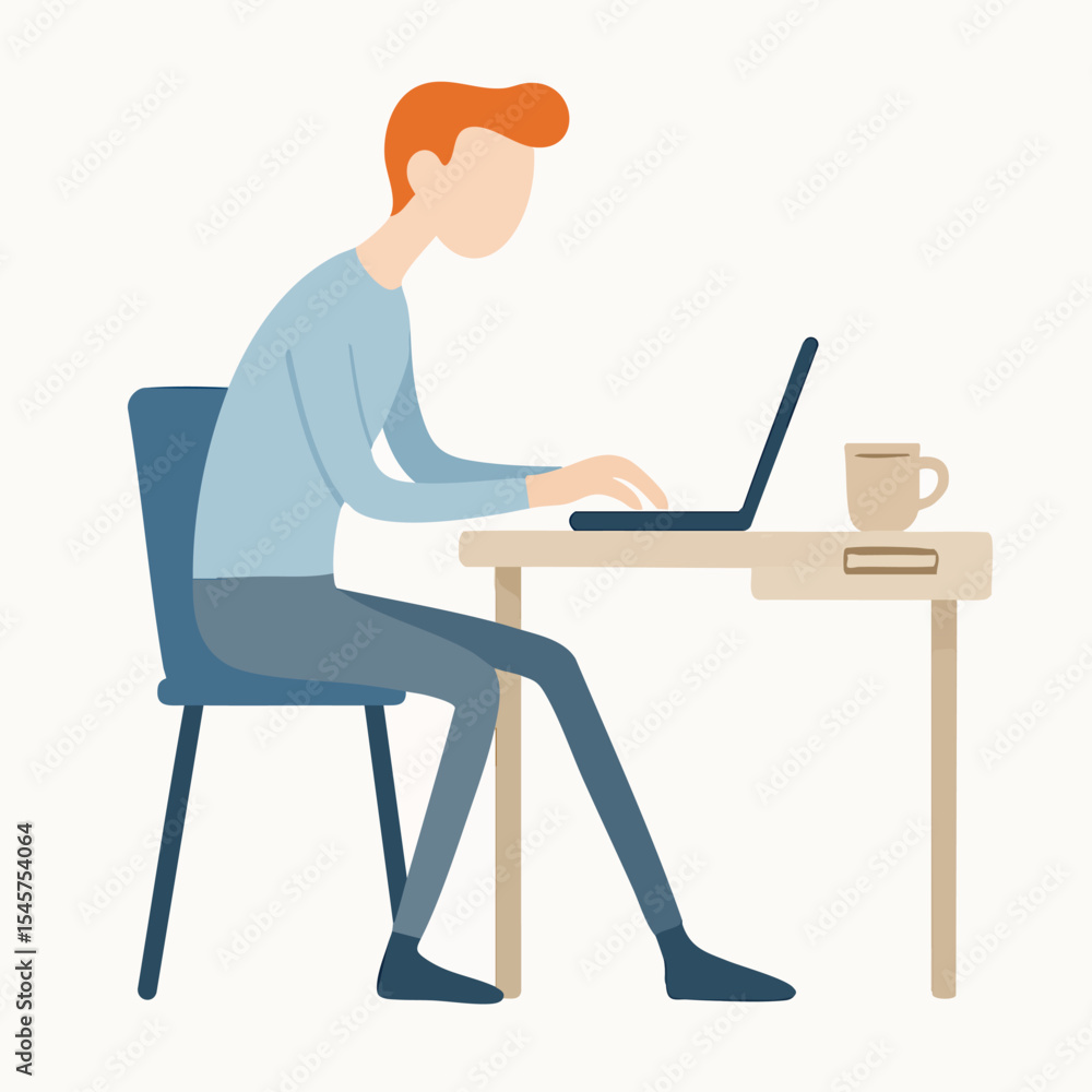Flat Style Detailed Man Working From Home on Laptop Illustration Flat Style Detailed Man Working From Home on Laptop Illustration