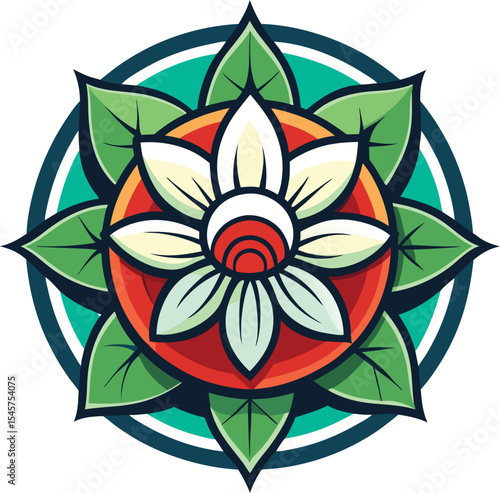 Stylized floral design element with green leaves and red center