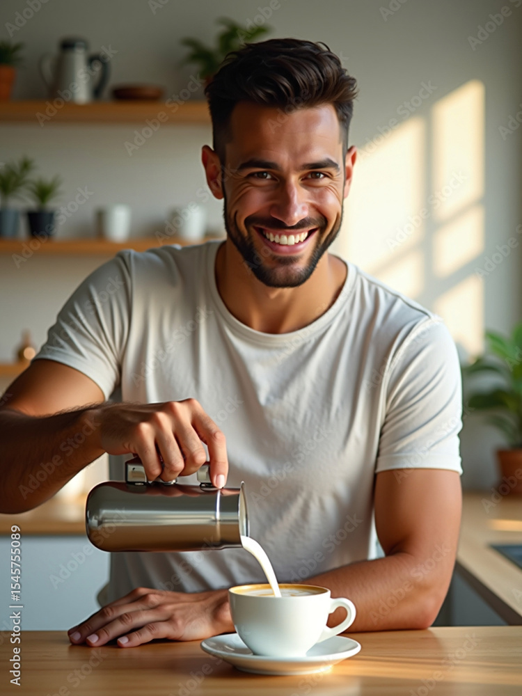 Man pouring latte art into coffee cup, smiling. Man pouring latte art into coffee cup, smiling.