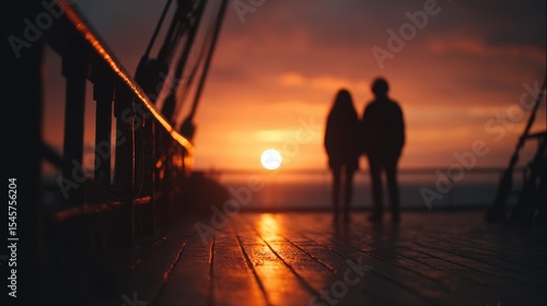 A couple walking on a pier at sunset