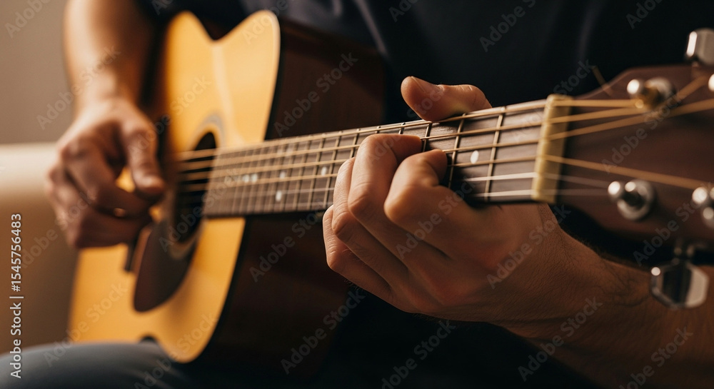 Fototapeta premium Man plays acoustic guitar, focused on music.