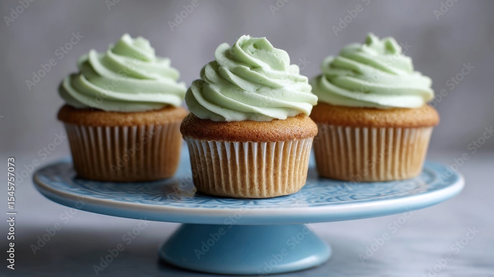 Three cupcakes with green frosting on a blue cake stand Three cupcakes with green frosting on a blue cake stand
