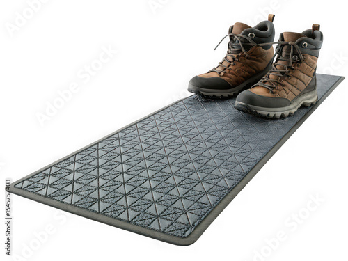 Brown hiking boots on a gray geometric patterned doormat