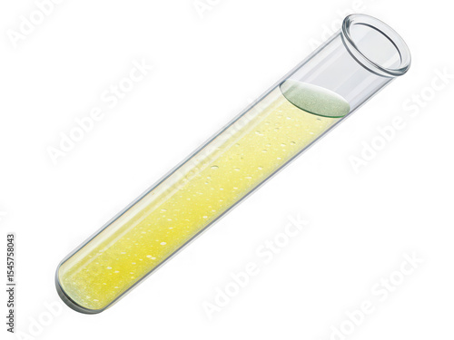 Glass test tube filled with yellow liquid, bubbles, science experiment